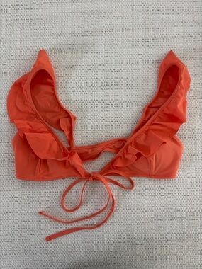 aerie Coral Tie-Front Bikini Top with Ruffle Edge, Size Small